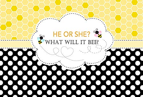 COMOPHOTO 7x5ft Bee Theme Gender Reveal Party Backdrop Bumble Bee He or She Baby Shower Photography Background Honeycomb Dots Bee-Day Party Banner Decorations