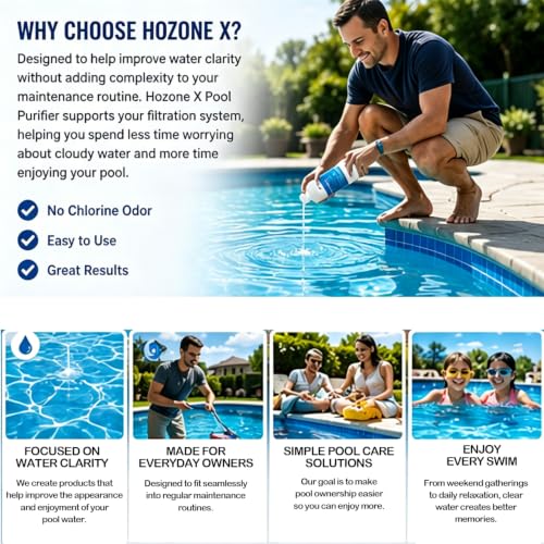 Swimming Pool Purifier, Pro Pool Water Purifier Liquid – Crystal Clear Pool Water | Safe for Inground, Above-Ground Pools & Water Features | Fast-Acting Pool Clarifier - Hozone X-2 Pack