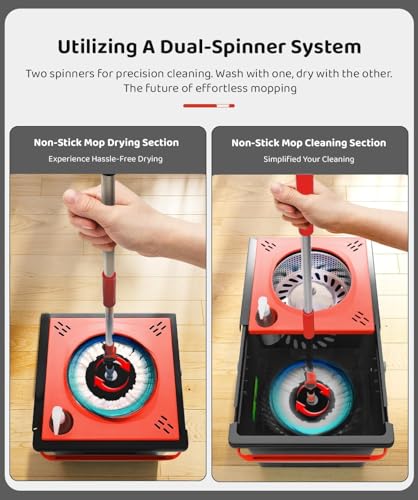 Image of UPC Spin Mop for Home Cleaning Floor | 360 Rotating Stainless Steel Spin Mop Stick with Bucket | Easy Spin Moppers for Cleaning Floor - Wet & Dry Use - Black Red