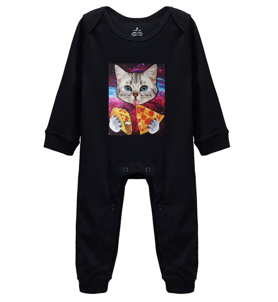 Poemsimai Galaxy Space Kitten Cat Eat Pizza Cute Baby Bodysuit Bodysuit Footed Romper
