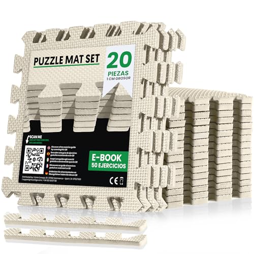 unycos - Esterilla Fitness Puzzle para Suelo de Gimnasio【30x30x1 cm】 Set de Protección de Espuma EVA, 20 Piezas, Alfombra Expandible, Tatami para Pisos | Impermeable, No Tóxica (Blanco I 1,80 m²)