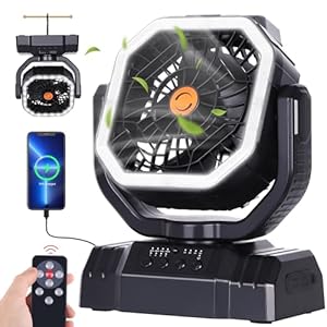 AVV High Speed Portable Camping Fan Rechargeable Fan, Beach Fan with Remote Control, Battery Powered Fan with Auto Oscillating Outdoor Fan with Camping Essentials Accessories for Patio, Tent, Black