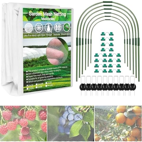 Sumfox Garden Mesh Netting Kit 10 x 20 FT Garden Netting for Raised Beds with 6 Pcs Garden Hoops & 16 Pcs Garden Clips - Protect Your Climbing Plants, Vegetables, and Fruits from Animals Birds White Cover
