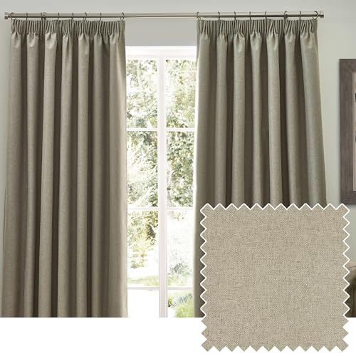 furn. Dawn Textured Blackout Pencil Pleat Curtains – Thermal Lined Pair (Natural - Width 229 x Drop 183cm)