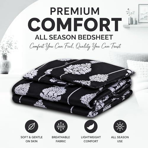 Image of DECORUM Glace Cotton Fitted 1 Bedsheet King Size (72 inchx78 inch) | All Around Elastic | Cotton Feel | 2 Pillow Covers (17 inchx27 inch) | Fits Up to 8 inch Mattress | 200-220 TC | Printed Double Bed Sheet Set