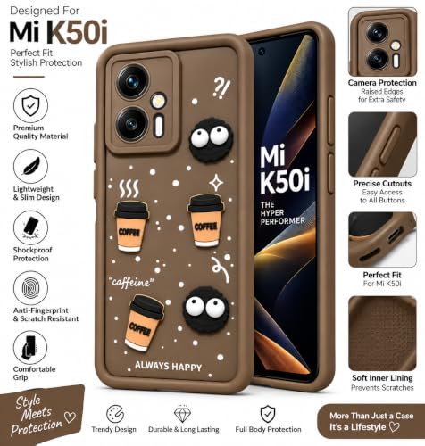 Image of Bintage Back Cover Compatible for Xiaomi Redmi K50i 5G | Cute 3D Taddy Ball Bear Milk Cake Coffee Silicon Case Full Body & Camera Protection - Brown