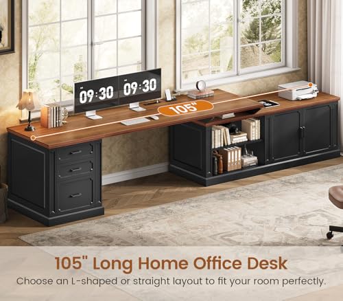 Image of SEDETA Farmhouse L Shaped Desk with Drawers, 70.9 inch Home Office Desk with Storage Cabinet and Storage Shelves, L Shaped Computer Desk with Power Outlet，Black+Brown