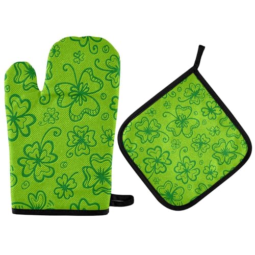 Mitaines De Four Green Cloverss Pattern Saint Patrick's Day Oven Mitts Une Protection Optimale Potholders Durable Pot Holder pour Cuisiner Barbecue Casseroles