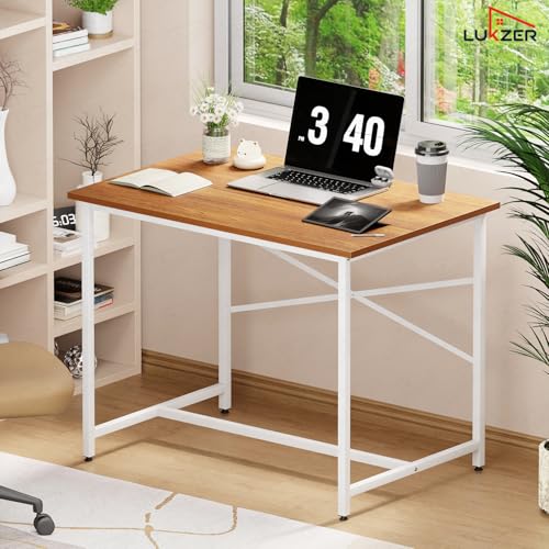 Image of Lukzer Metal & Engineered Wood Study Table for Home & Office | MST-008 /White & Oak Brown | Laptop & Computer Workstation Desk | Sturdy Writing Table for Students & WFH | Spacious Tabletop (90x60x75cm)