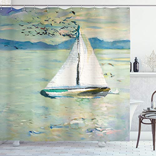 Ambesonne Art Shower Curtain, Monet Sailing Boat Yacht Birds Watercolor Brushstroke Composition, Cloth Fabric Bathroom Decor Set with Hooks, 69' W x 70' L, Pale Blue Teal and White
