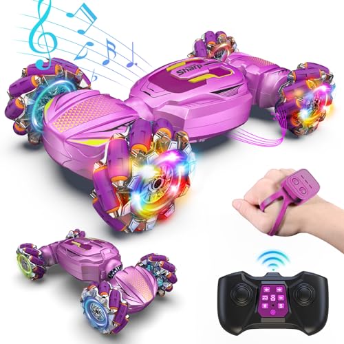 Gesture Sensing RC Stunt Car, Boys Girls Ages 6-12 Birthday Gift Ideas, 4WD Transform Off Road for Rotating Hand-Controlled 2.4Ghz Remote Control Twist Cars with Lights and Music Purple