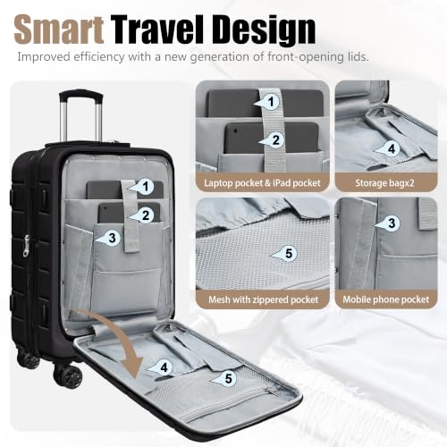 Image of KEYTANG SmileLine 3-Piece Luggage Set Lightweight Hardside Suitcase TSA Lock Spinner Wheels, 20 inch Expandable Carry-On Luggage with Quick Access Front Open Pocket, Bonus Makeup Bag,Black