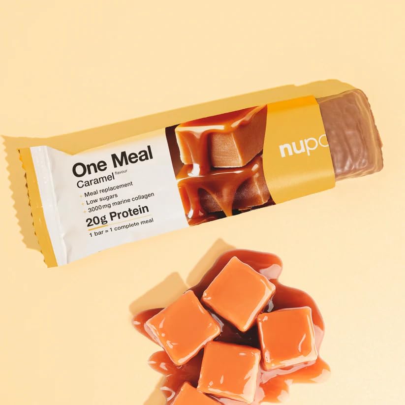 NUPO One Meal Bar – Caramel (15 x 60g) | Leckerer High Protein Mahlzeitenersatz Riegel zum Abnehmen | Low Sugar | Mit 3000 mg Kollagen | Kalorienarme Snacks mit Vitaminen & Mineralien