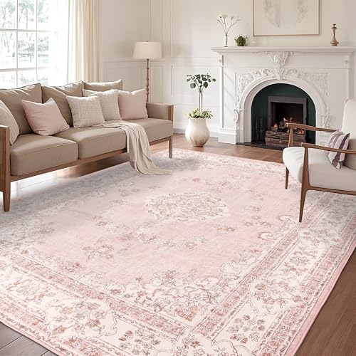 Tapete rectangular 8x10 oriental suave lavable rosa miniatura 3