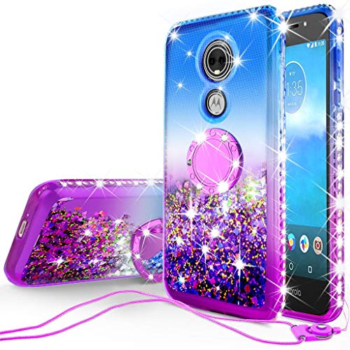 SOGA Diamond Glitter Bling Liquid Floating Quicksand Cute Girl Phone Case Compatible for Moto E5 Plus Case, Moto E5 Supra Case, with Metal Ring for Magnetic Car Mounts Include Lanyard Purple on Blue