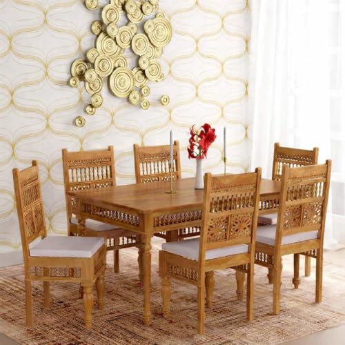 Image of BN Furniture Solid Sheesham Wood 6 Seater Dining Table Set | Traditional Handcrafted Wooden Dining Set with Cushioned Chairs | Honey Finish