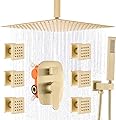 AYIVG Rain Shower Body Spray Jets System Bathroom Body Brass Brushed Gold 12 Inch Ceiling Rainfall Shower System Body Jet Mixer Set