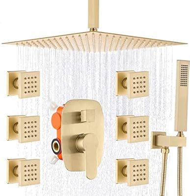 AYIVG Rain Shower Body Spray Jets System Bathroom Body Brass Brushed Gold 12 Inch Ceiling Rainfall Shower System Body Jet Mixer Set