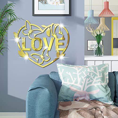 Love Heart Mirror Wall Stickers, Butterfly Acrylic Mirror Wall Decal, 3D Vinyl Walls Art Decor Diy Murals, Removable Family Letters Quotes Home Sign For Girl Living Room Bedroom (Silver) #TOP1