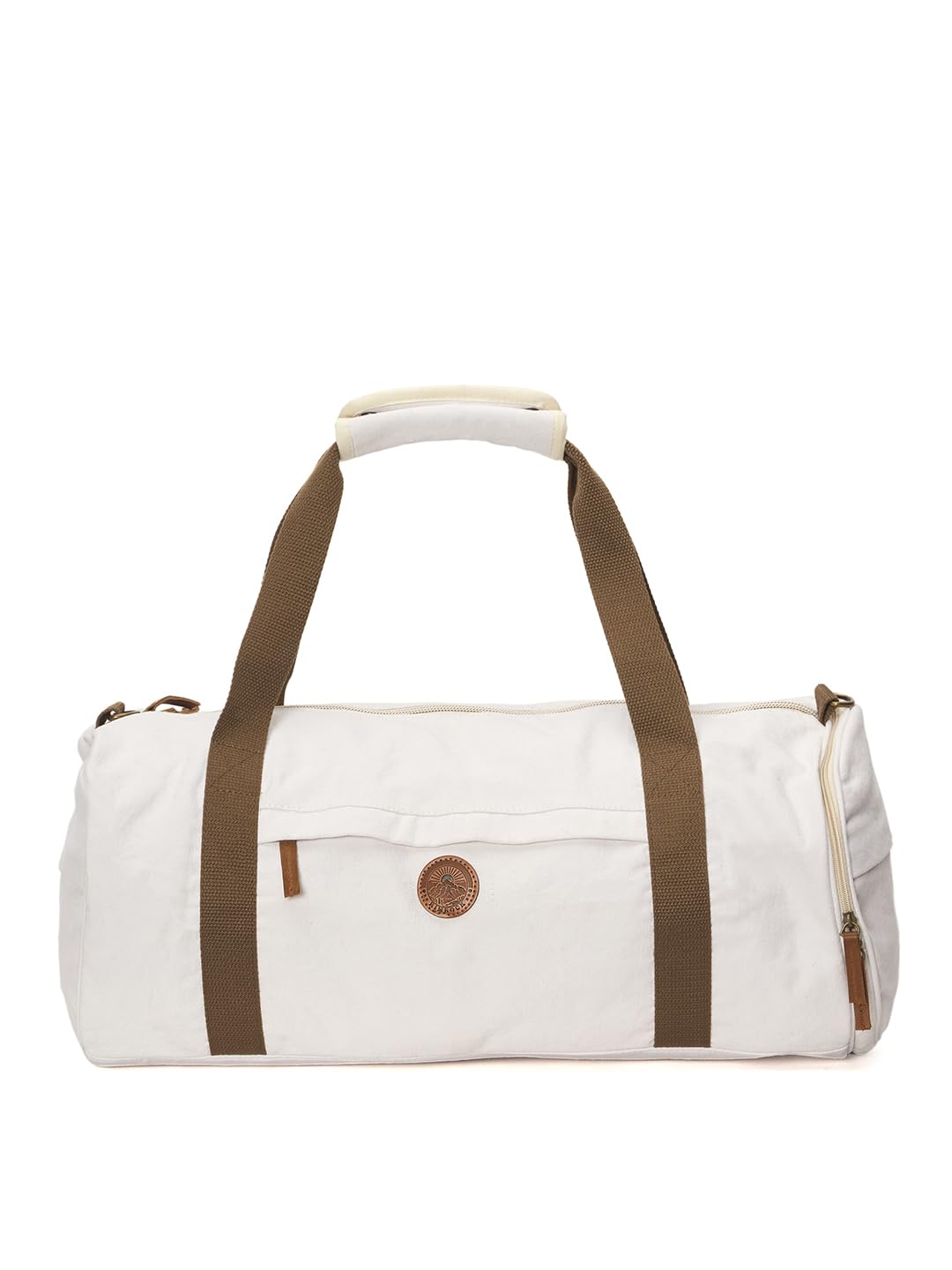 Canvas Duffle Bag with Contrast Straps, White and Brown, Large Gym Travel Shoulder Bag-image-32