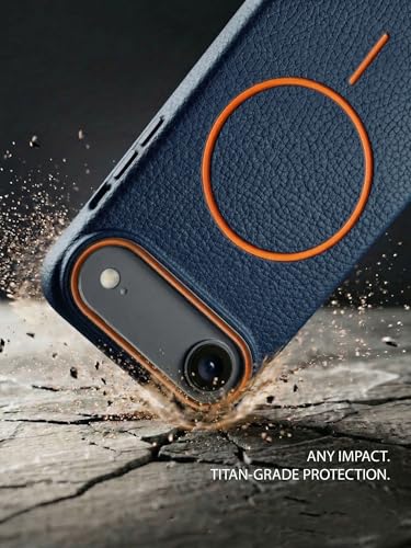 Image of amazon basics Luxury MagSafe Compatible Leather Texture Back Cover for iPhone 17 Air | Raised Camera Protection | Slim Fit Shockproof Case with Metallic Accents (Dark Blue)