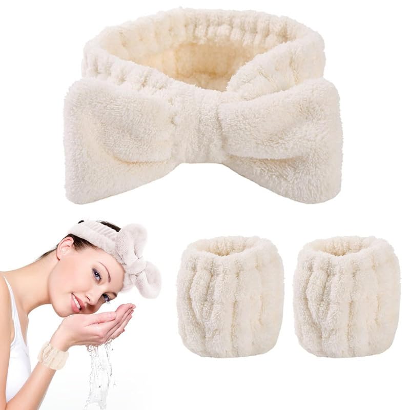 Feinerman 3 Pcs Women’s Headband & Wristband Set, Microfiber Skincare, Makeup Headband & Wrist Band Set for Face Washing, Spa, Facial Care, Soft and Elastic Bands for Face Wash & Skincare