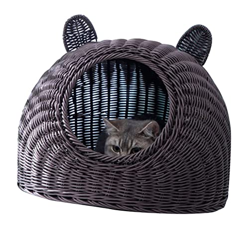 Cama de Gato Semi Fechada, Casa de Gato Tecida à Mão, Grande Espaço, Orelha de Gato Imitada, Rattan,