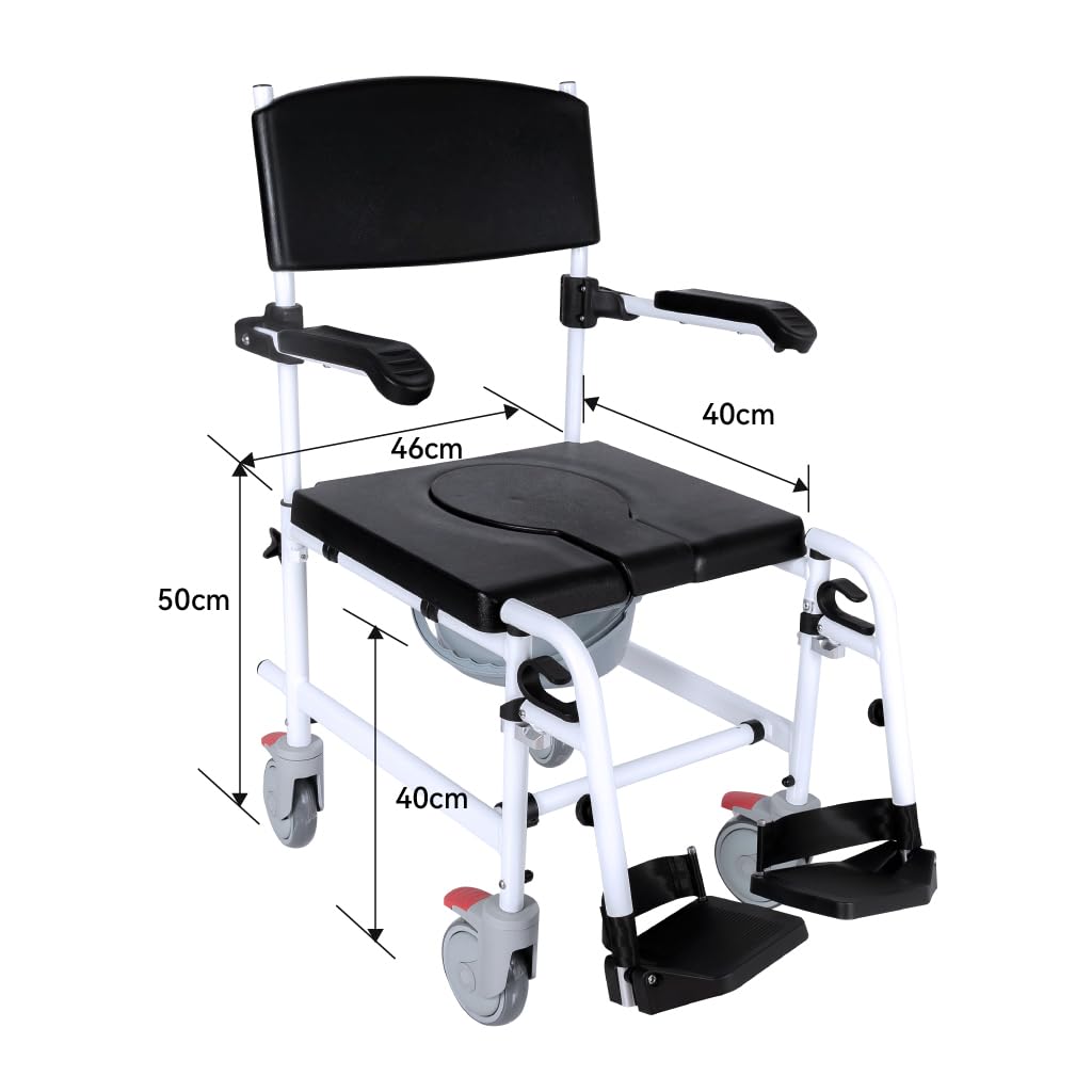 Akriva fahrbarer Toilettenstuhl aus Aluminium - Mobiler Nachtstuhl mit gepolsterter Sitzfläche und Eimer - Toilettenrollstuhl - Zimmerrollstuhl (Feste Sitzhöhe)