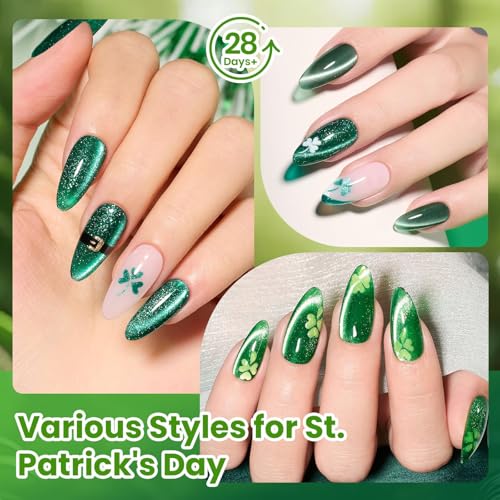 Image of Beetles Green Spirit Cat Eye Gel Nail Polish Set, 6 Colors Glitter Green | Lime Emerald Olive Glitter Gel Polish Kit Magnetic Shine Soak Off UV Manicure Gift for Women