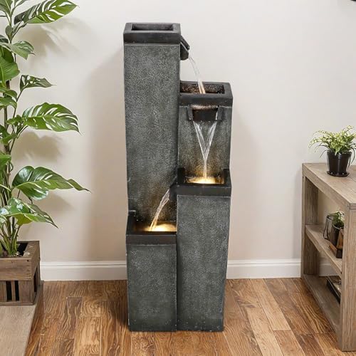 Image of SunJet 4-Tier Modern Water Fountain, Indoor /Outdoor Resin Water Fountains with Soothing Water Sounds, Perfect for Garden, Patio, Home & Office, 12.5 inch L x 9.4 inch W x 39.3 inch H