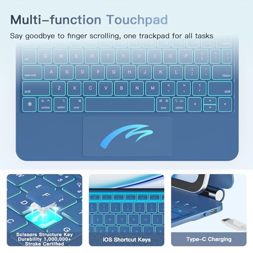 Image of RAYMCRAFT for iPad Air 13-inch Case with Keyboard (M4 /M3 /M2, 2026 /2025 /2024) & iPad Pro 12.9 inch (6th /5th /4th /3rd) Magic Keyboard, 11-Color Backlit, Multi-Touch Trackpad, Safe Pencil Buckle, Steel Blue