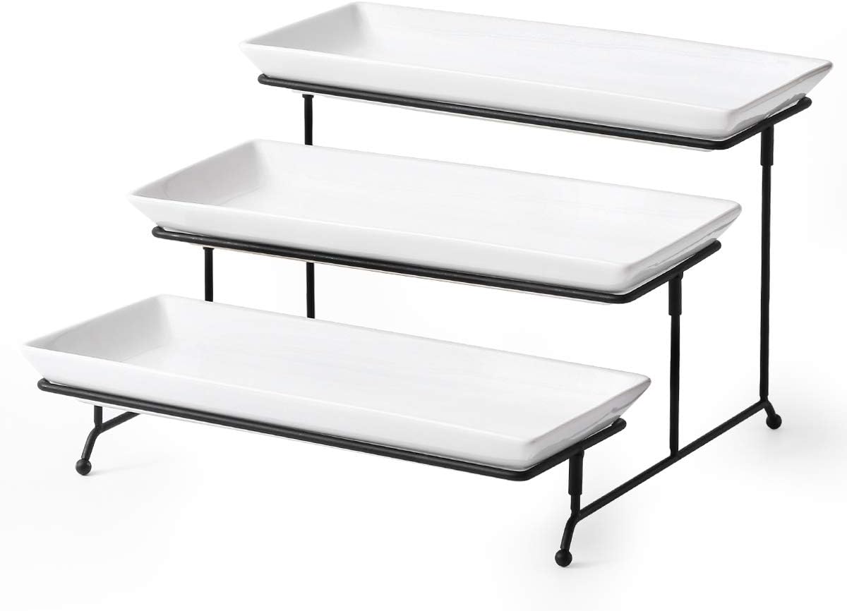 3 Tier Serving Stand Tiered Tray Stand with 3 Porcelain Serving Platters Trays for Dessert Server Display Collapsible Sturdier Metal Rack 14 inch