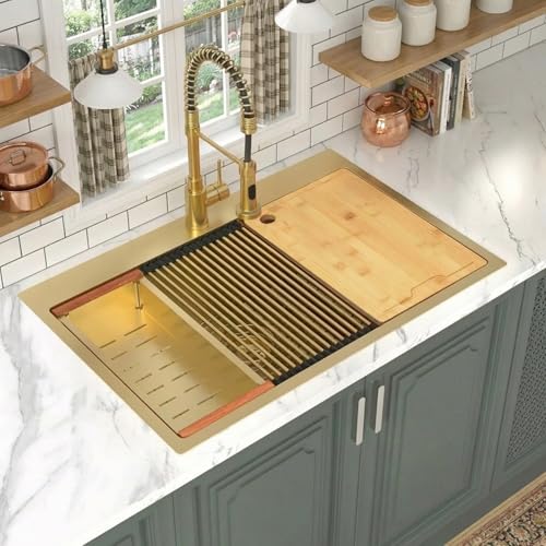 Image of 33 inch X 22 inch Drop In Gold Kitchen Sink,Single Bowl Top Mount Kitchen Sink,16 Gauge Stainless Steel Workstation Sinks (Gold, 33 X 22 inch)