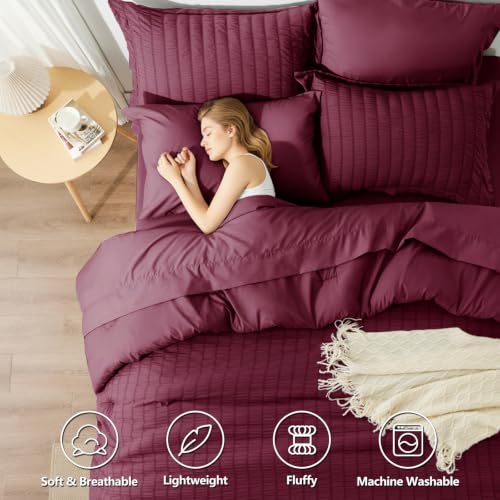 Image of HIMEET Full Comforter Sets, 7-Piece Seersucker Bed in a Bag, Burgundy | 90 GSM Brushed Fabric, 240 GSM Fill, 14-Inch Deep Pocket, OEKO-TEX Certified, Soft & Lightweight for All-Season Use