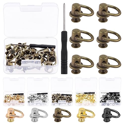 Glarks 41Pcs D Ring Rivets Kit Bronze Ball Post Head Buttons Metal D Ring Stud Rivets Rotatable Round Rivets with Screwdriver for Bags, Belts, DIY Leather Crafts