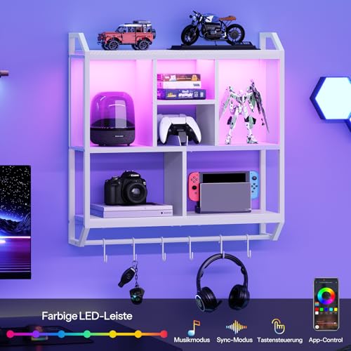 HOOBRO Wandregal mit LED-Beleuchtung, Schweberegal, Wandboard mit 4-stufiger vertikaler Aufbewahrung, Gaming schwebendes Regal mit 6 Haken, für Spielzimmer, Küche, Café, Bistro EWT70DBJ01
