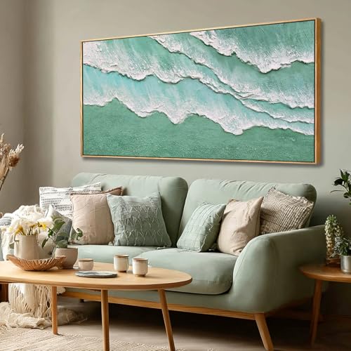 Image of Abstract Wall Art Minimalism Green White Canvas Wall Decor Framed Artwork Modern Home Wave Pictures for Living Room Bedroom Office 24 inchx48 inch