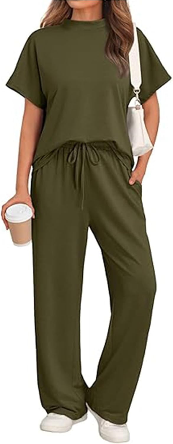 Two Piece Sets for Women Summer Vacation Travel Outfits Cap Sleeve Tops and Wid Leg Pant Matching Set Loungewear
