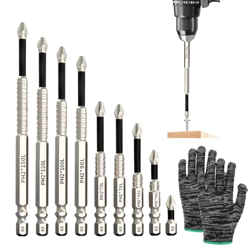 9 Stück Hochmagnetischer Schraubendreher-Bohrer-Bit-Satz,Einbeziehen Ein Paar Handschuhe，Magnetisch Schraubendreher Bit Satz,Geeignet Für Schlagbohrmaschine, Akkuschrauber, Handbohrmaschine Usw