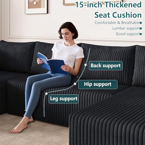 Image of 124 inch U-Shape Cloud Couch, Modern Modular Sectional U-Shape Sofa, Corduroy Boneless Couch Upholstered Couches Deep Seat Sleeper Chaise Longue for Living Room, No Assembly Required, Black