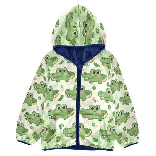 Cute Crocodile Pattern on Green Toddler Fleece Jacket Girl Boys Hooded Fleece Jacket Coat Warm Outwear Zip-up 3-10T