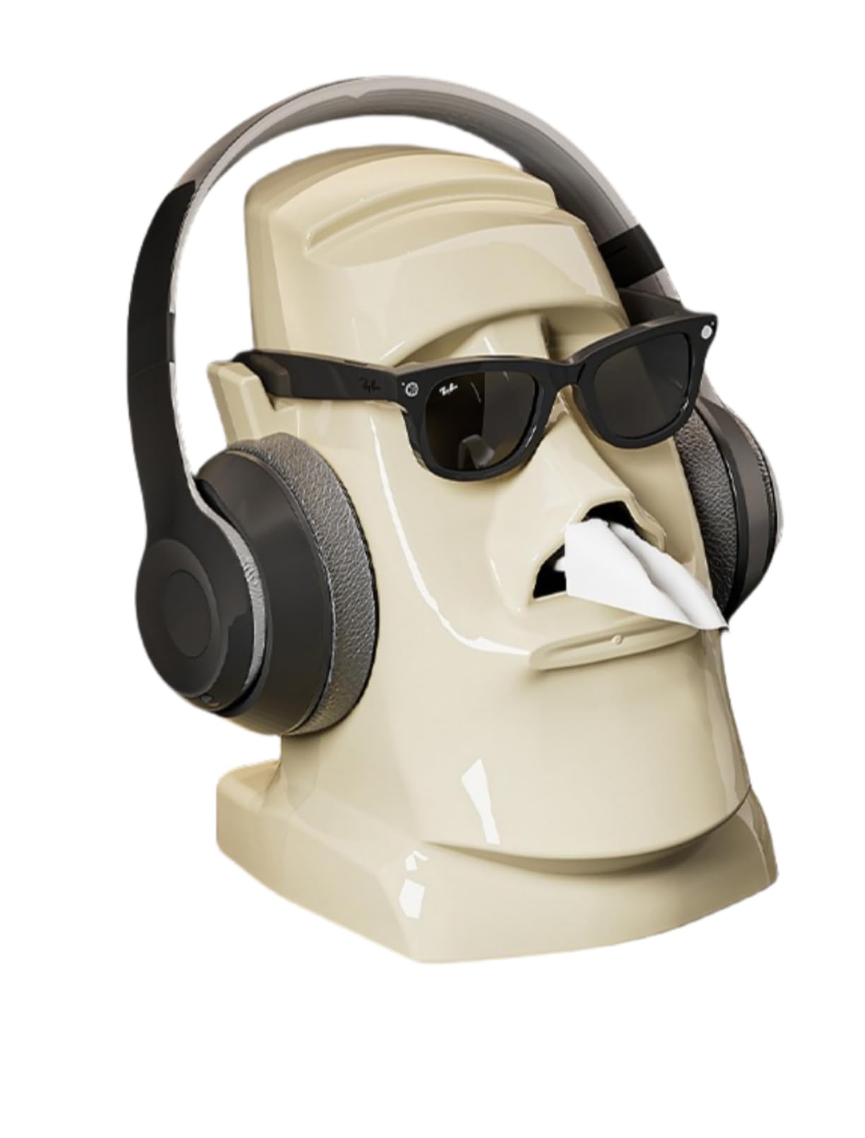 Creative Easter Island Statue Tissue Box 3-in-1 Headphone Stand Glasses Rack Holder for Desk Home Office, Large Capacity with Smooth Pull Spring (