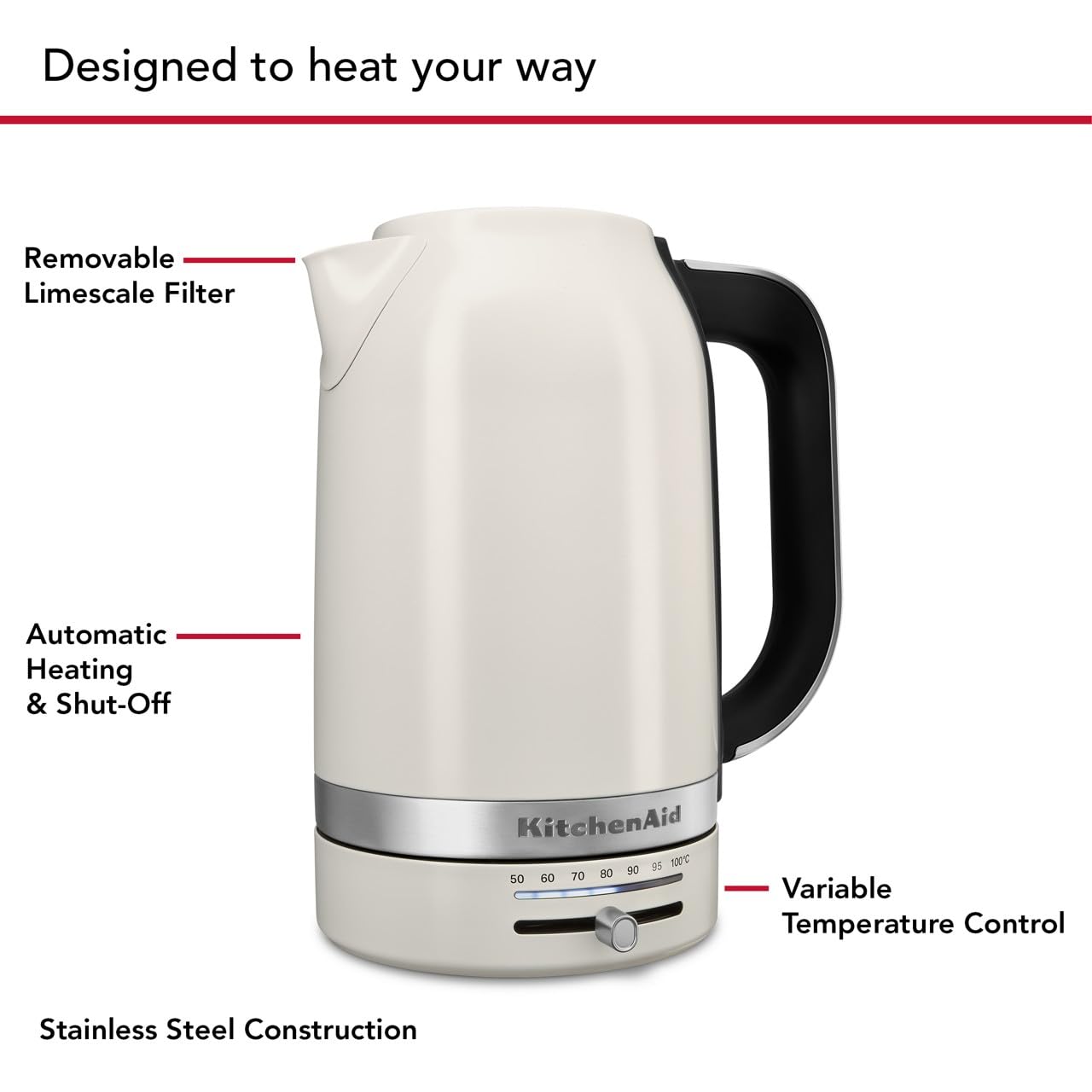 KitchenAid 1.7L Electric Kettle, Temp Control KEK1701, Porcelain White | Automatic Shut Off After Boiling, Variable Temperature Control, Removable and Washable LimeScale Filter