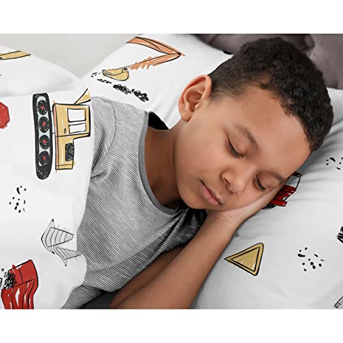 Image of Sweet Jojo Designs Construction Truck Boy Full /Queen Size Kid Childrens Bedding Comforter Set - 3 Pieces - Grey Yellow Orange Red and Blue Transportation Chevron Arrow