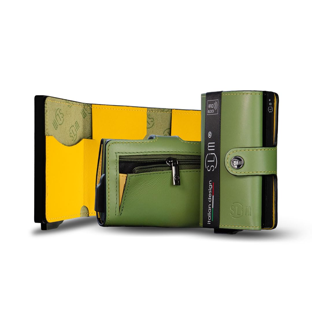 SLim Porta Carte di Credito Schermato Portafoglio Uomo Rfid Portatessere Anticlonazione Donna Portacarte Uomo (Verde Pistacchio e Giallo, Con Zip)