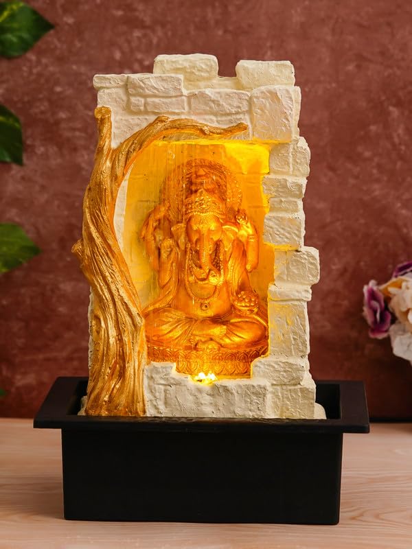 Image of Polyresin Golden Colour Ganesha Idol Table Top Home Decor Indoor Front Curtain Style Waterfall Fountain with Yellow LED & Speed Controller Pump (Size: 40 x 29.5 x 22CM | Weight: 2265grm)