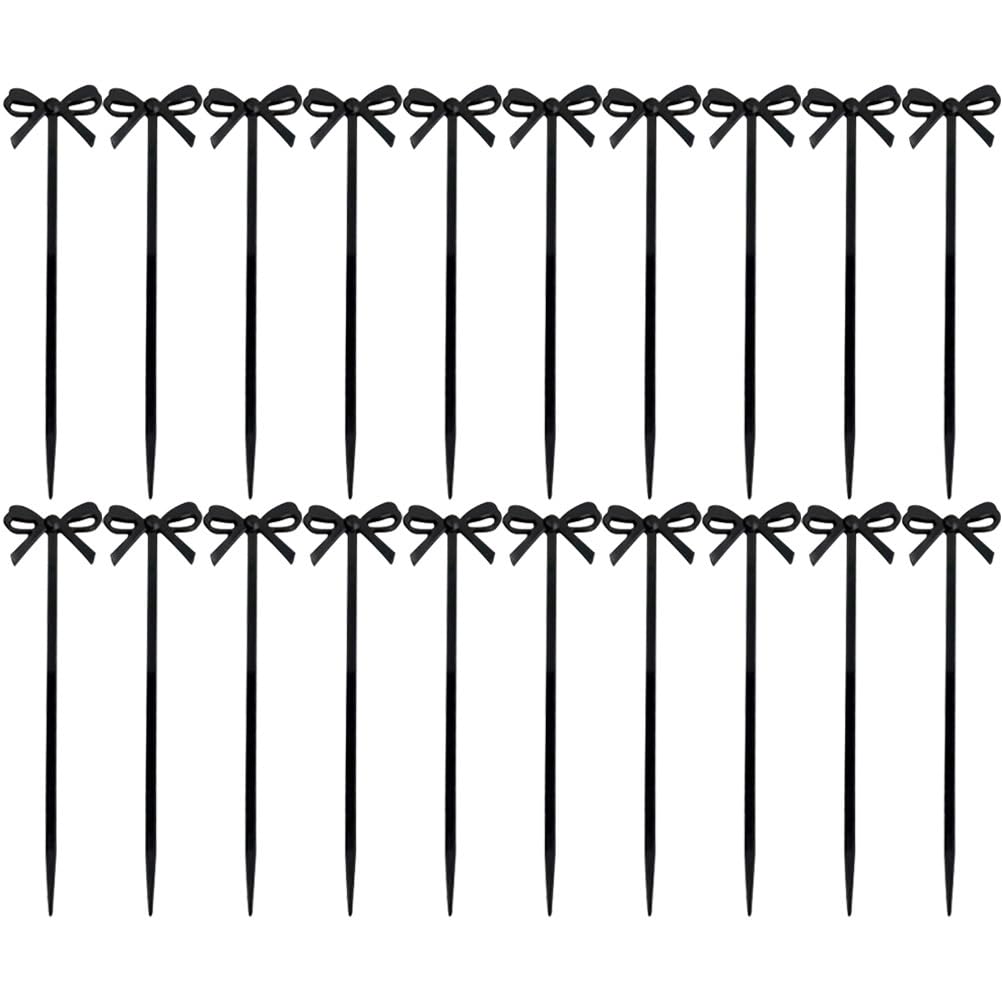 30pcs Fruit Fork Skewers Black Bows Fiesta Cupcake Toppers Boy or Girl Halloween Toothpicks for Cocktails Bow Cupcake Topper Plastic Fruit Cocktail Picks Mini Child Snack