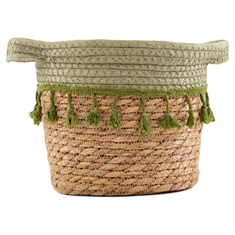 Closer2Nature Natural Tassel Storage Basket - Superb Wicker Baskets With Green Woven Tassel PomPom; Excellent as Gift, or Cupboard Organiser, Bathroom Storage and Indoor Plant Pot - Green Cover