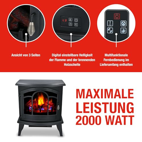 alpina Vicenza Elektrokamin mit Heizung – Elektroheizung 2000W - Kaminofen mit Heizung, Fernbedienung und Timer - Elektroherd mit LED-Flammen - Freistehend - Schwarz, 1800W