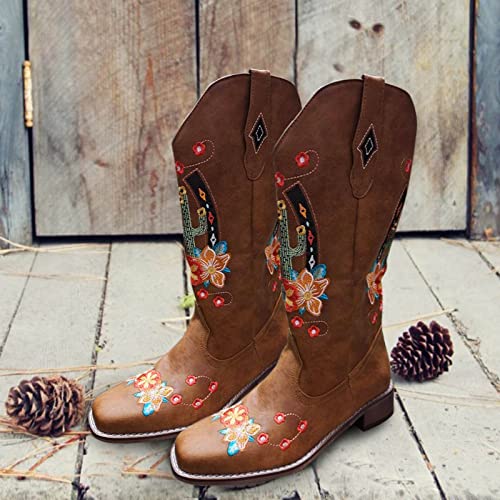 Tkukkwr Schoenen Laarzen Winterlaarzen voor Vrouwen MidShoes Cactus Dames Teen Laarzen Borduurwerk Mode Quadrate Kleur Vrouwen Laarzen Cowboy Laarzen - Afbeelding 5